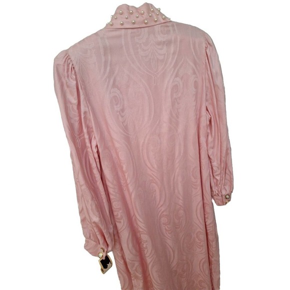 Vintage 80s Pearl Collar House Coat Pink Damask Women Size Small - Picture 2 of 12